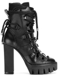 Rope Lace-Up Leather Boots in Black