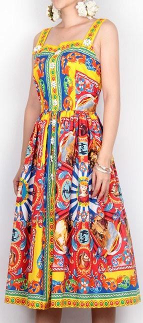 'Carretto' Embellished Button Multicolored Print Dress - DESIGNER INSPIRED FASHIONS