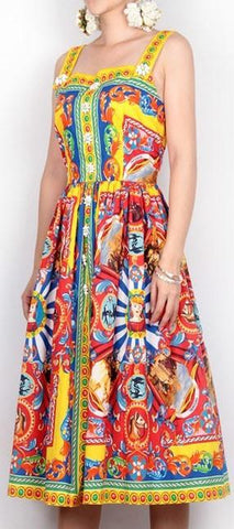 'Carretto' Embellished Button Multicolored Print Dress - DESIGNER INSPIRED FASHIONS