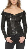 Black Off-Shoulder Faux-Leather Jacket - DESIGNER INSPIRED FASHIONS