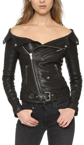 Black Off-Shoulder Faux-Leather Jacket - DESIGNER INSPIRED FASHIONS