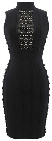 Metal Ring Embellished Bodycon Bandage Mini Dress, Black