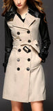 Double-Breasted Faux-Leather-Sleeve Trench Coat - DESIGNER INSPIRED FASHIONS