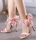 Ruffled Flower-Ankle Leather Sandals in Pink or Black - DESIGNER INSPIRED FASHIONS