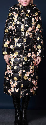 Coin & Floral Print Duck Down Long Thick Coat - DESIGNER INSPIRED FASHIONS