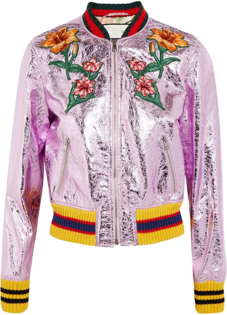 Embroidered Metallic Faux-Leather Jacket in Lavender - DESIGNER INSPIRED FASHIONS