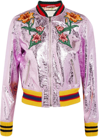 Embroidered Metallic Faux-Leather Jacket in Lavender - DESIGNER INSPIRED FASHIONS