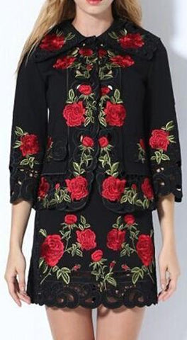 Black Floral Embroidered Cut-Out Jacket and Skirt Set - DESIGNER INSPIRED FASHIONS