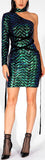 Sequin-Embellished One-Sleeve Mini Dress
