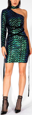 Sequin-Embellished One-Sleeve Mini Dress