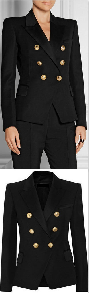 Double-Breasted Gold Button Twill Blazer, Black - DESIGNER INSPIRED FASHIONS