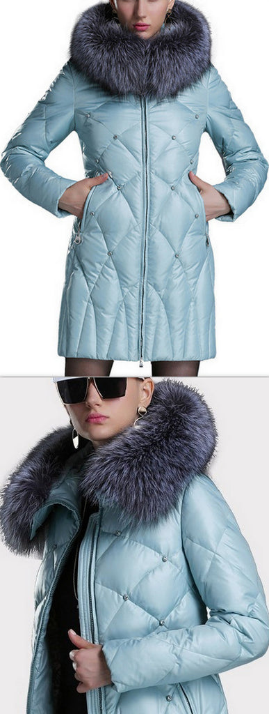 Rhinestone Studded Fur-Collar Puffer Down Coat, Light Blue