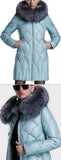 Rhinestone Studded Fur-Collar Puffer Down Coat, Light Blue