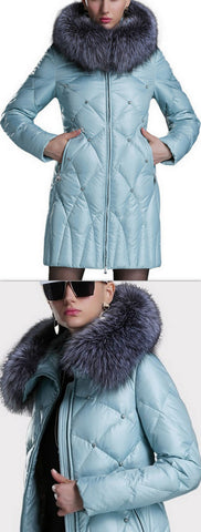 Rhinestone Studded Fur-Collar Puffer Down Coat, Light Blue