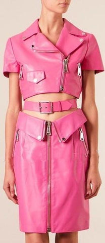 Faux-Leather Zip Top & Skirt Set in Pink - DESIGNER INSPIRED FASHIONS