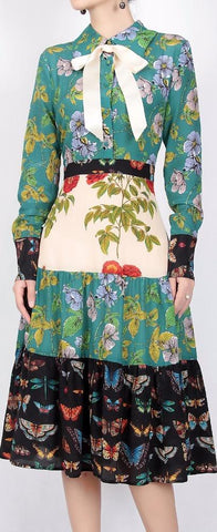 Printed Patchwork Long-Sleeve Midi Dress