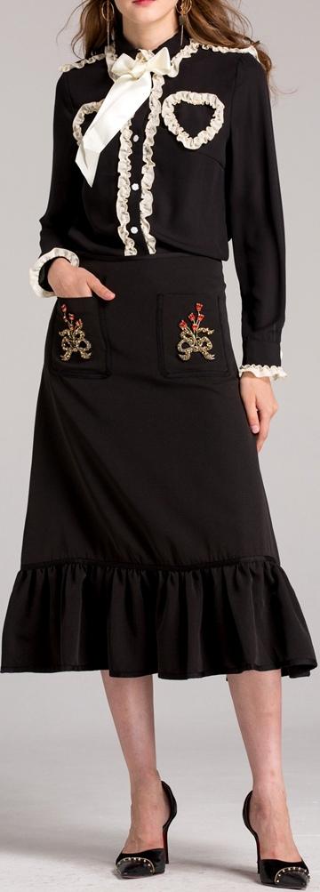 Ruffled Bow Shirt & Embroidered Midi Skirt Set