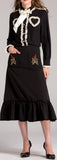 Ruffled Bow Shirt & Embroidered Midi Skirt Set