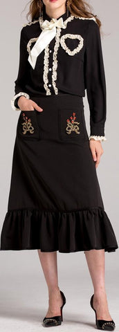 Ruffled Bow Shirt & Embroidered Midi Skirt Set