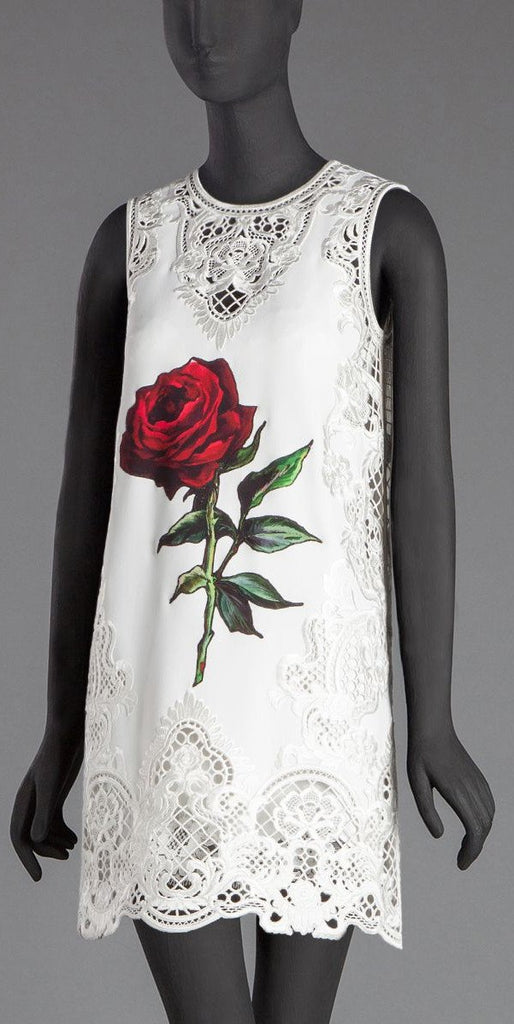 Embroidered Rose Printed White Mini Shift Dress - DESIGNER INSPIRED FASHIONS