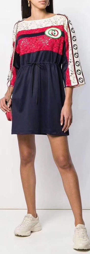 Short GG Embroidered Patch Striped Dress | DESIGNER INSPIRED FASHIONS