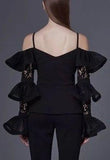 Black Cold-Shoulder Ruffle Tiered Lace-Sleeve Top