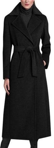 Belted Long Black Wool Wrap Coat - DESIGNER INSPIRED FASHIONS