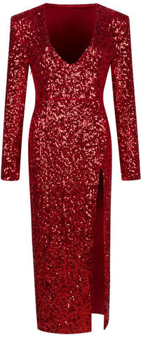 Red Sequin V-Neck Dress