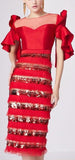 Sequin-Paneled Ruffled-Sleeve Evening Dress