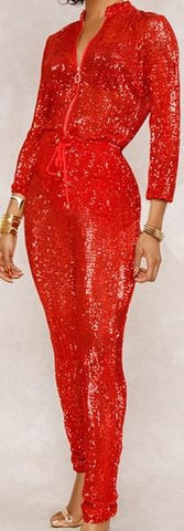 Red Sequin-Embellished Jumpsuit