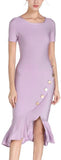 Asymmetrical Ruffled Button-Embellished Fitted Dress, Lavender
