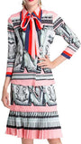 Printed Pussy-Bow Shirt & Pleated Printed Skirt Set