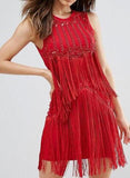 Embellished Fringed Cocktail Dress, Red