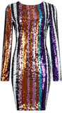 Multi Colored Sequin-Embellished Striped Fitted Mini Dress