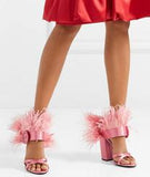 Feather-Trimmed Satin Sandals - Pink