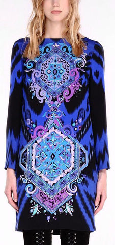 'Suzani' Silk Cady Dress with Long Sleeves in Sapphire Blue - DESIGNER INSPIRED FASHIONS
