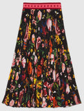 'Garden Exclusive' Printed Neck-Tie Blouse & Pleated Skirt in Black - DESIGNER INSPIRED FASHIONS