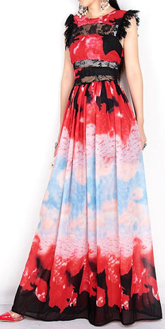 Lace Detailed Multi Colored Silk Maxi Dress - DESIGNER INSPIRED FASHIONS