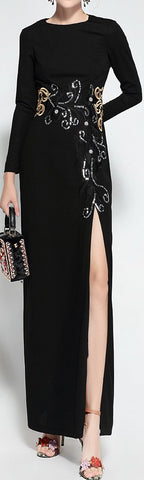 Embroidered Long Black Gown