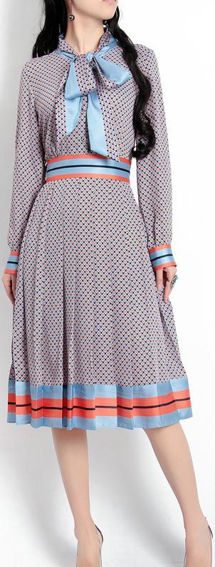 Pleated Print Shirt-Dress with Tie, Light Blue