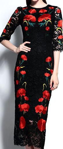 Carnation Embroidered Black Lace Sheath Dress