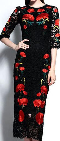 Carnation Embroidered Black Lace Sheath Dress