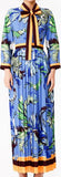 Pleated Floral-Printed Contrast-Stripe Dress