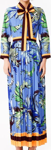 Pleated Floral-Printed Contrast-Stripe Dress