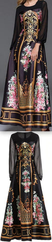 Long Print A-Line Gown - Black