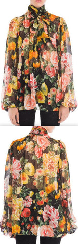 Floral Tie-Neck Chiffon Blouse