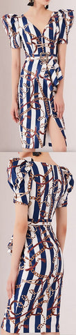 Striped Printed Puff-Sleeve Dress | DESIGNER INSPIRED FASHIONS