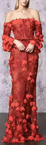 Flower-Appliques Off-the-Shoulder Lace Gown, Red