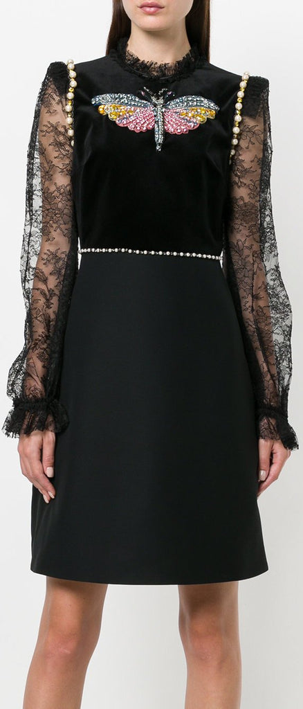Black Embellished Lace-Trimmed Dress