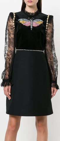 Black Embellished Lace-Trimmed Dress